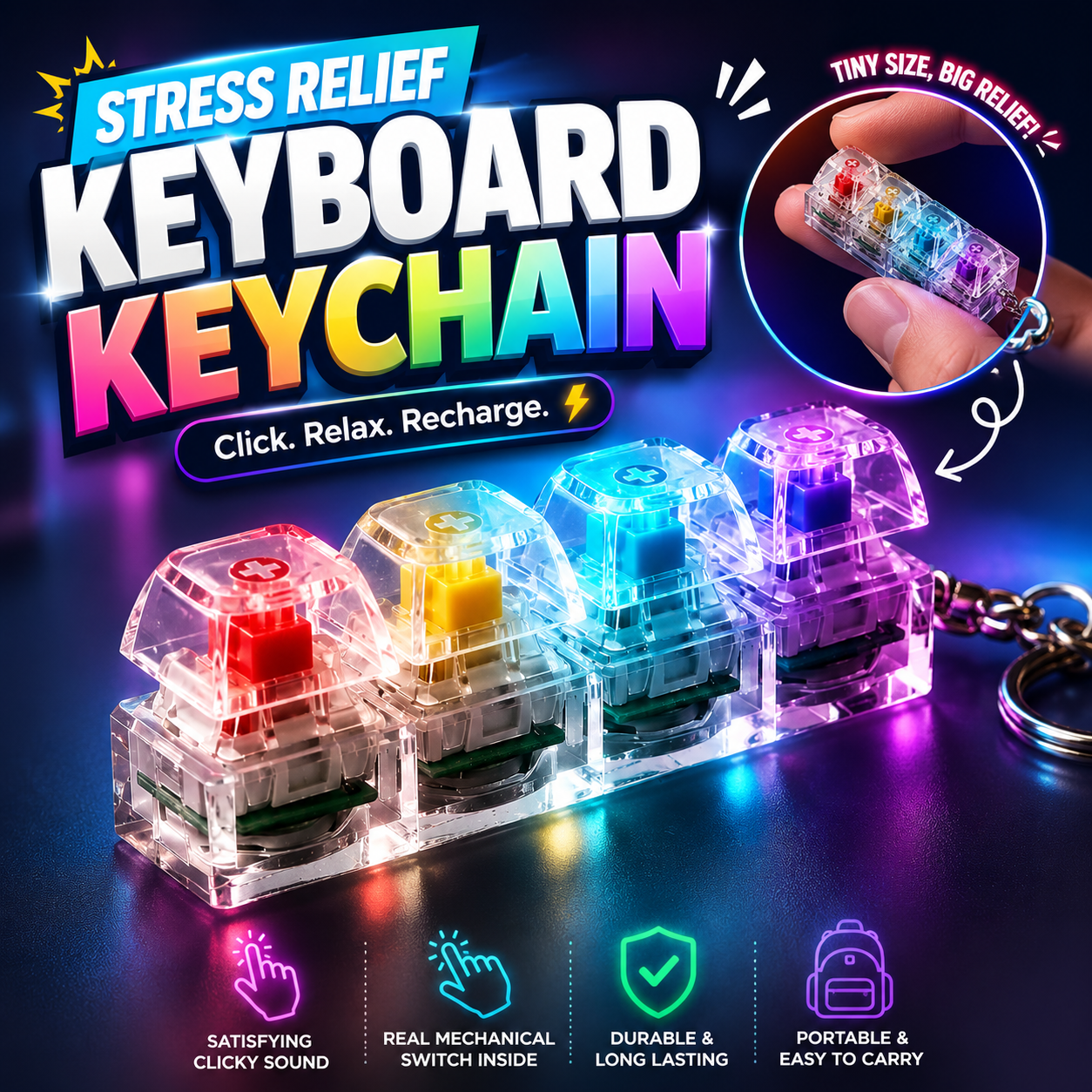 Keyboard Fidget Stress Relief Keychain for Kids & Adults (Random Colors | KC) Toynix