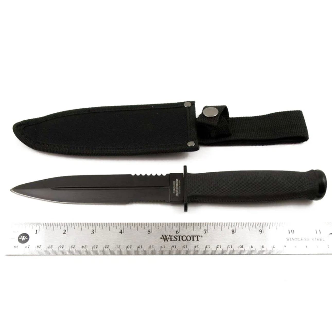 USA MT-225 11.5″ Fixed Blade Knife – Black, Full Tang, Partially Serrated with Sheath